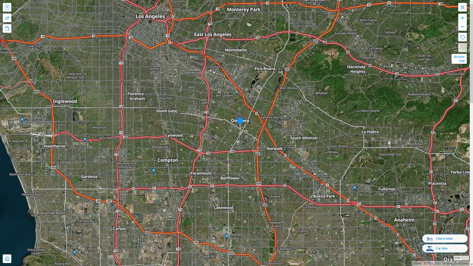 Downey California Highway and Road Map with Satellite View